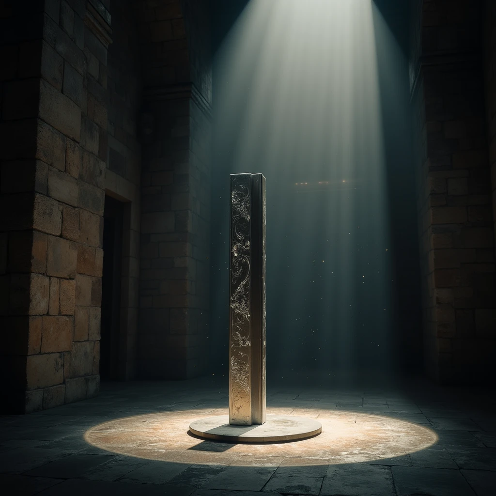 A cinematic, realistic scene of a large pendulum swinging in a dimly lit room. The pendulum is metallic with intricate engravings, illuminated by a single soft spotlight that casts long shadows on the walls. The background features aged stone textures, faint dust particles floating in the air, and a sense of scale and mystery. Dramatic lighting and a shallow depth of field enhance the cinematic atmosphere.
