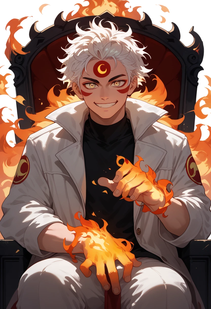 man, fiery hair, white skin, red face paint, anime style, fire powers, yellow eyes, white hair, feline-style third eye on forehead, fire in hands, smile, messy hair, light white jacket, black top underneath, sitting on a throne