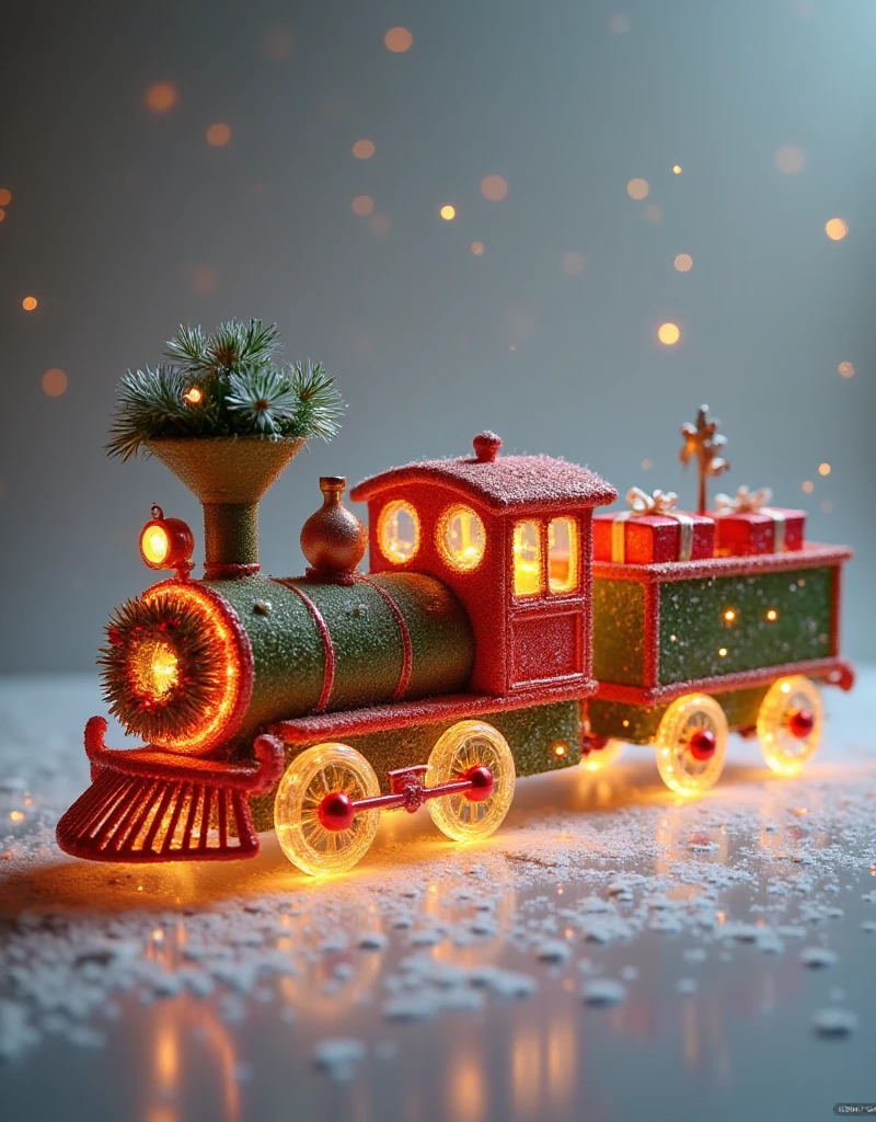 A festive train entirely constructed from Christmas tree branches, pine boughs, ornaments, and garlands. The train's engine features a wreath on the front, glowing holiday lights outlining its structure, and ornaments acting as wheels. The train cars are crafted from tightly woven pine branches, with garlands draped elegantly along the sides and small presents loaded inside. The train is displayed against a plain neutral background to emphasize the intricate festive details of its construction.