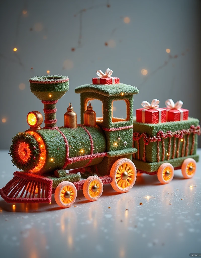 A festive train entirely constructed from Christmas tree branches, pine boughs, ornaments, and garlands. The train's engine features a wreath on the front, glowing holiday lights outlining its structure, and ornaments acting as wheels. The train cars are crafted from tightly woven pine branches, with garlands draped elegantly along the sides and small presents loaded inside. The train is displayed against a plain neutral background to emphasize the intricate festive details of its construction.