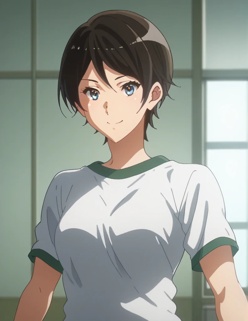 score_9, score_8_ up, score_7_ up, score_6_ up, score_5_ up,  Source_Anime, rating_safe, medium breasts,  One girl , Alone, indoor, Gym,  medium breasts, suzuki mirei ,  Shorthair,  hair between eyebrows,  blue eyes, Gym uniform,  white shirt, Green trousers,  short shorts,  white knee-high ,  sneakers, ( upper body:1.5),  viewers, smile, ( pose:1.5), A little thick,judo player、judo、Inside the judo Gymnasium、On the tatami、discovery、whole body、rest、幼い頃judo家に育てられた. 