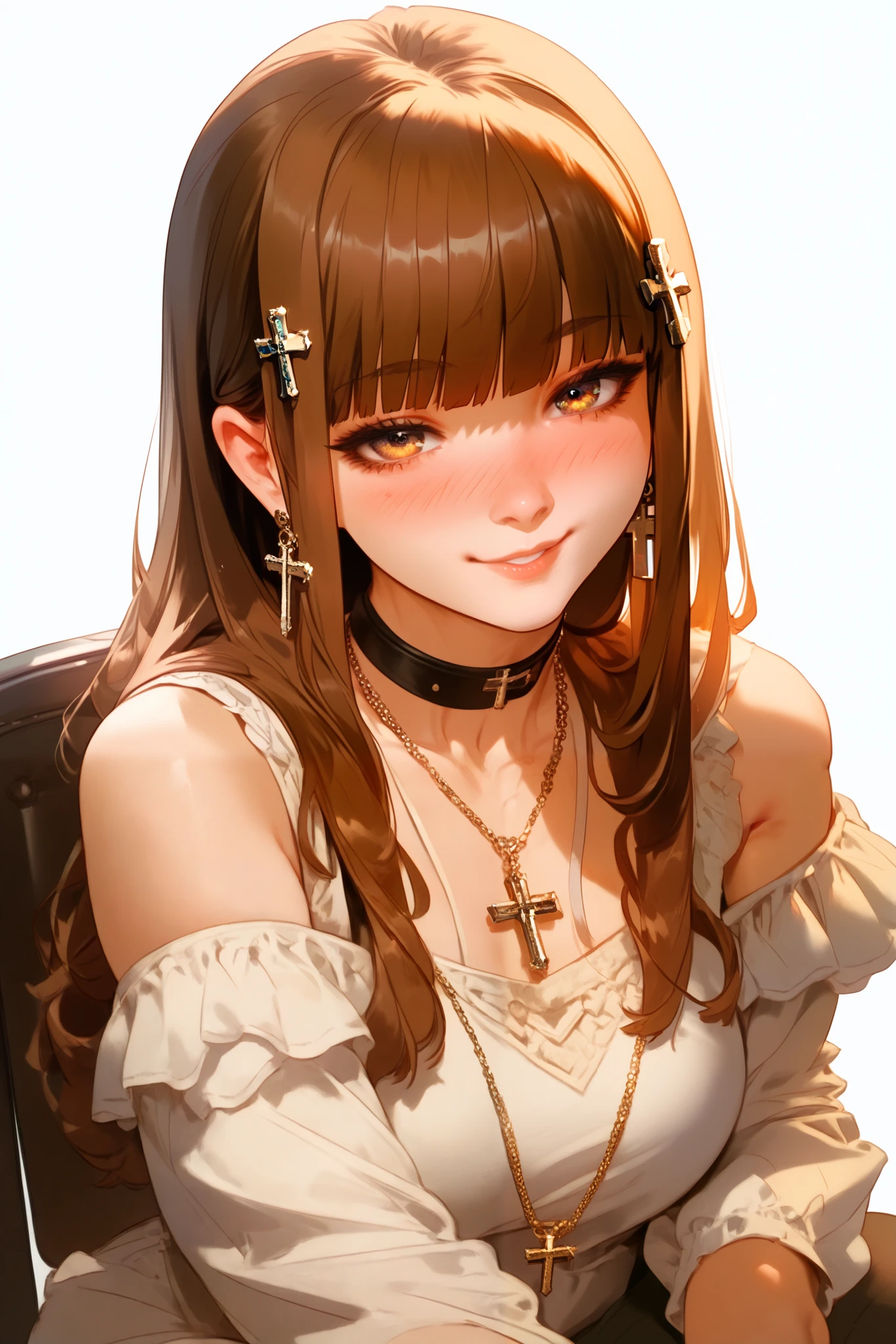 1girl, High Resolution, Bangs, Brown Hair, Simple background, Hime Cut, Nose Blush, Light Smile, cross necklace, modest clothing, christian woman, slightly curvy body, thin, sitting on a chair, lean, NSFW