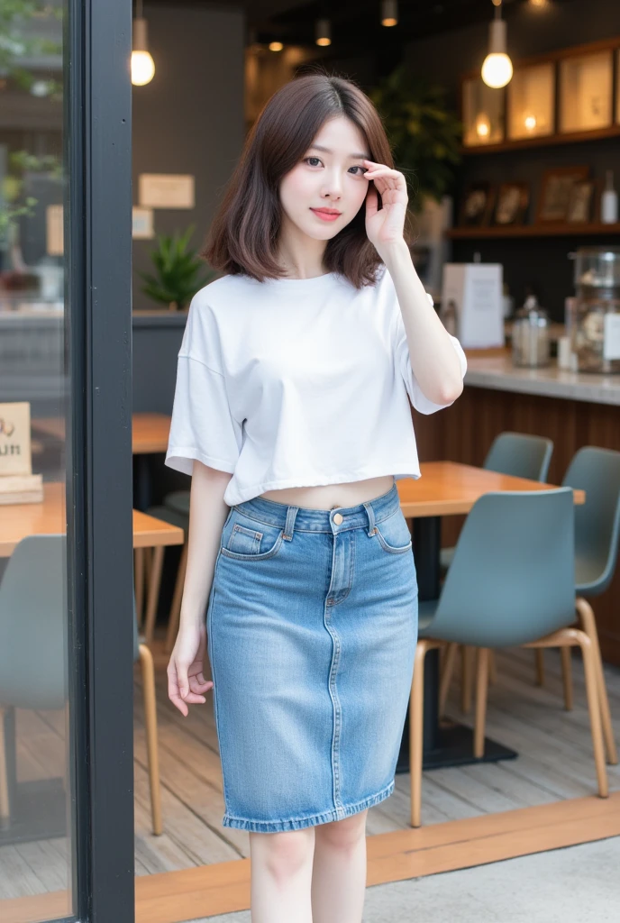 . The image is a digital graphic of a Thai woman. ,White skin and brown hair ,  Short Hair,Looking with a neutral face color . Smiling, seeing white teeth,, facial features including black eyes and a slight smile.. The background is a cafe, focusing attention on her face,, wearing a cropped T-shirt, round neck, short sleeves, white , Short Pencil Blue Denim Skirt, wearing white sneakers ,Random Pose ,Standing posture,