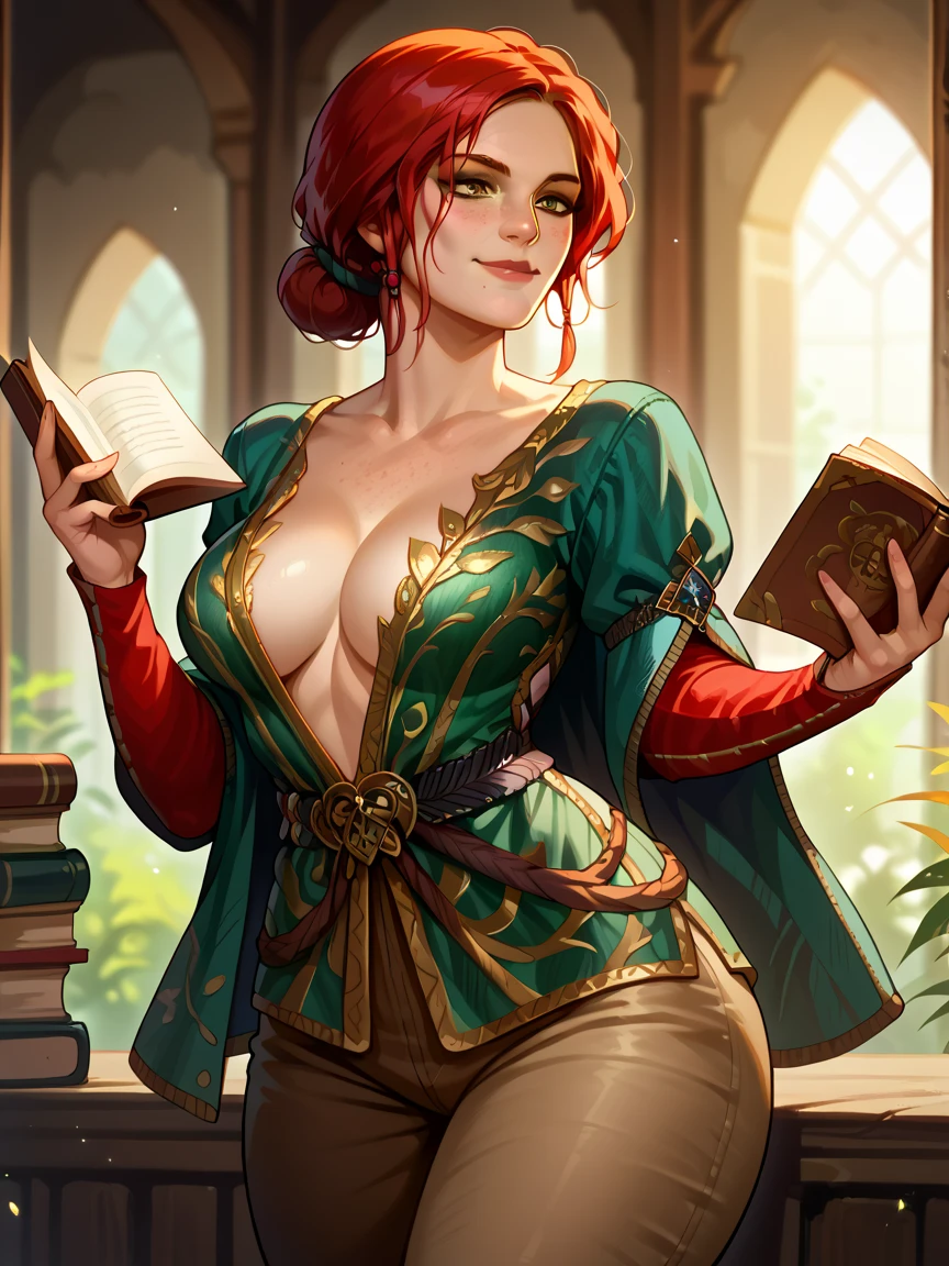 triss merigold, 1girl, solo, red hair, freckles, hair bun, jacket, sexy body, Brown pants, Green dress, Big breasts, wide hips, Big ass, looking at viwer, front view, smile, reading a book, 