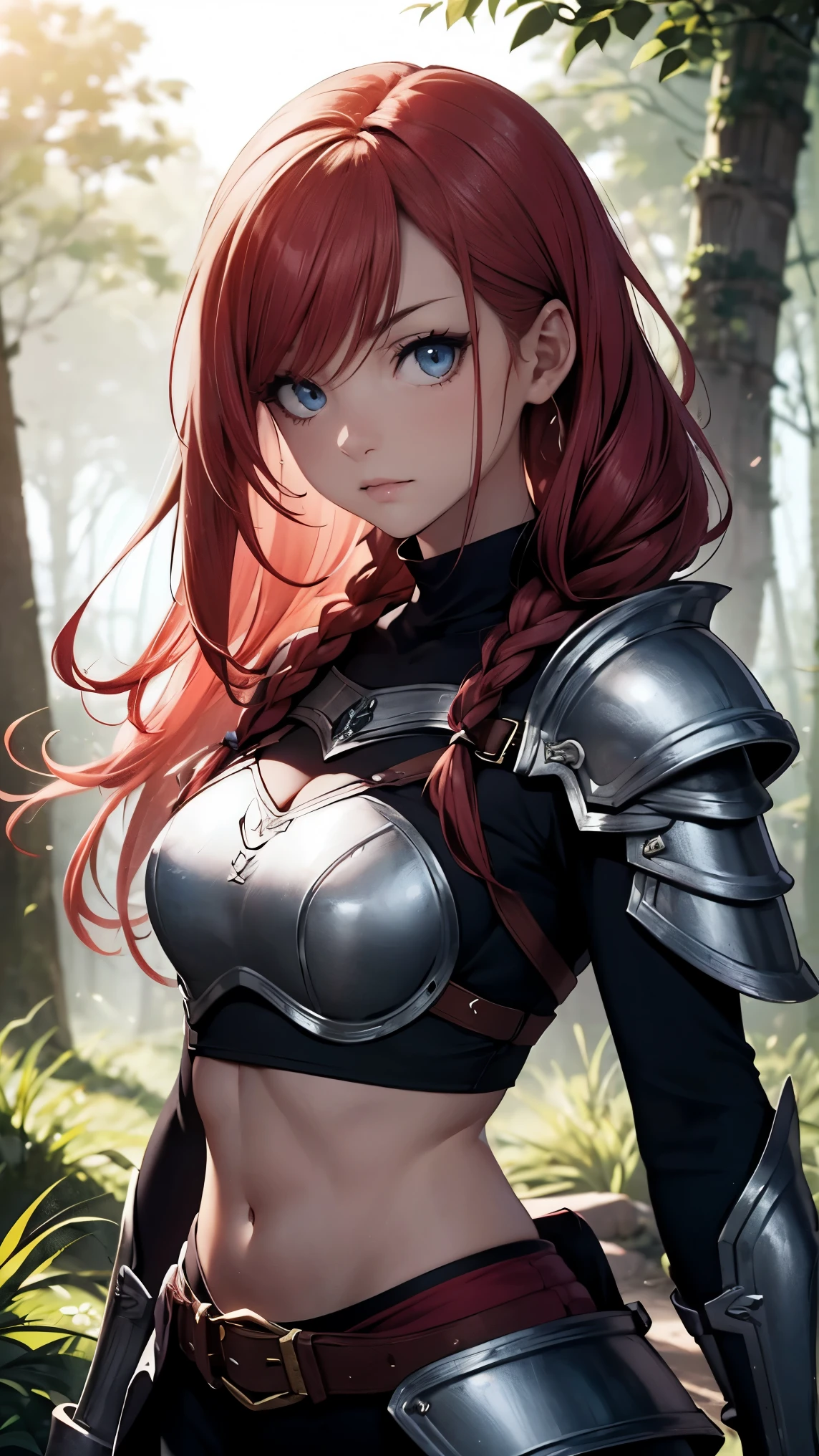 (naked girl: 1.3), (female warrior: 1.5), (redhead warrior girl: 1.3), 1 girl, solo, pretty girl, young girl, (red hair), (green eyes), thin girl, small breasts, pretty face, slim waist, thin legs , gap between thighs, (knight's armor), (steel breastplate, steel gauntlets, steel gloves: 1.1), (no pants: 1.3), (showing her pussy: 1.2), front, (cowboy shot), medieval fantasy, Dungeons and dragons, RPG character, best quality, (masterpiece), ultra-realistic, 8k, (nsfw)