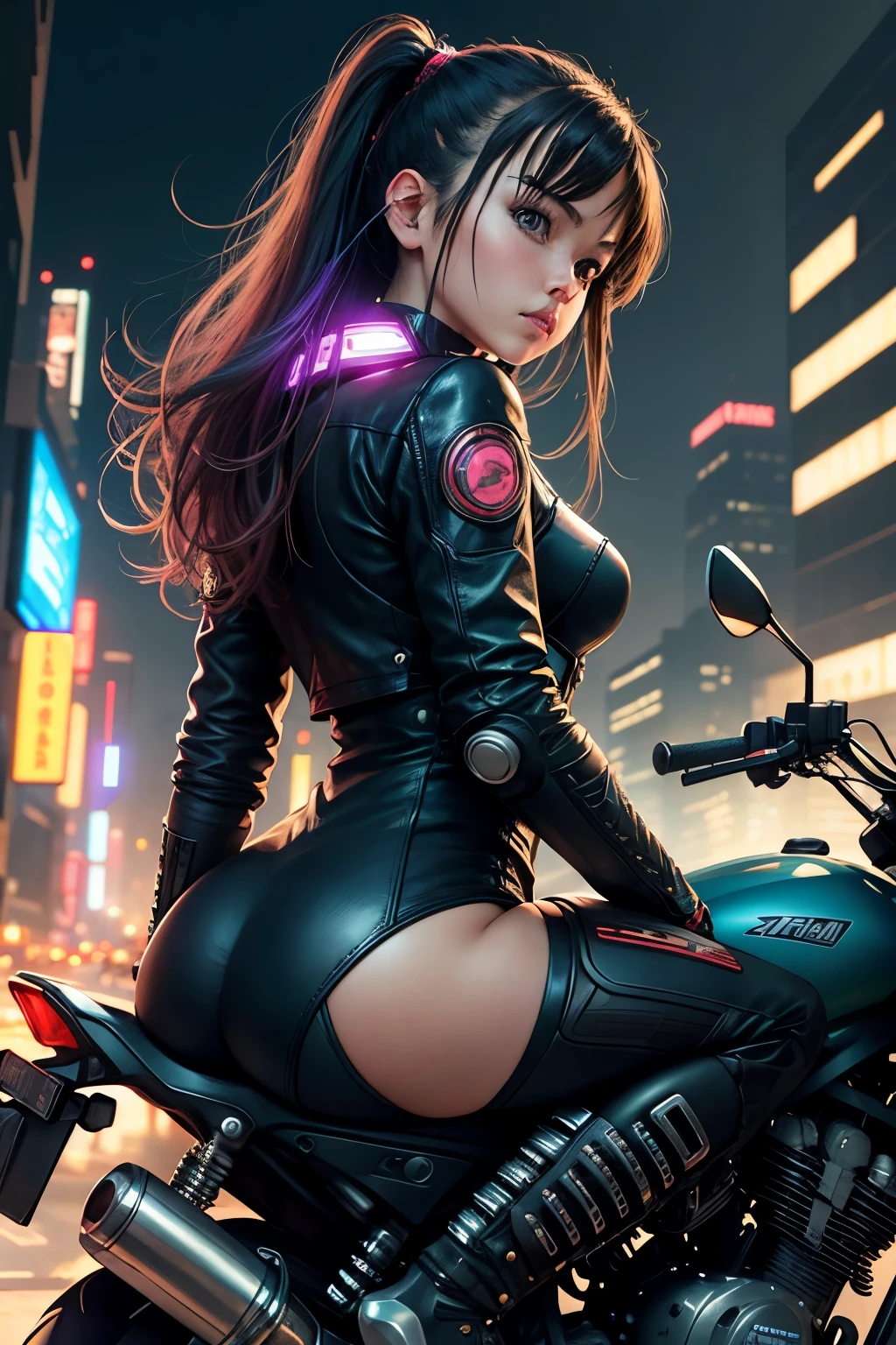 nsfw、(masterpiece, Highest quality, Super detailed:1.3), Perfect composition, 4K, (Very detailed, Super detailed), Patent leather leotard、Long gloves、Knee-high boots, High resolution, 8k Texture, Attention to detail, Very detailed肌の質感, Magnificent details, High Sharpness, One girl, (Fine grain:1.3), (25-year-old woman:1.3),(Riding a big motorcycle)、((Face down on a motorcycle:1.3))、View Viewer、smile、Butt Emphasis、Erect nipples
