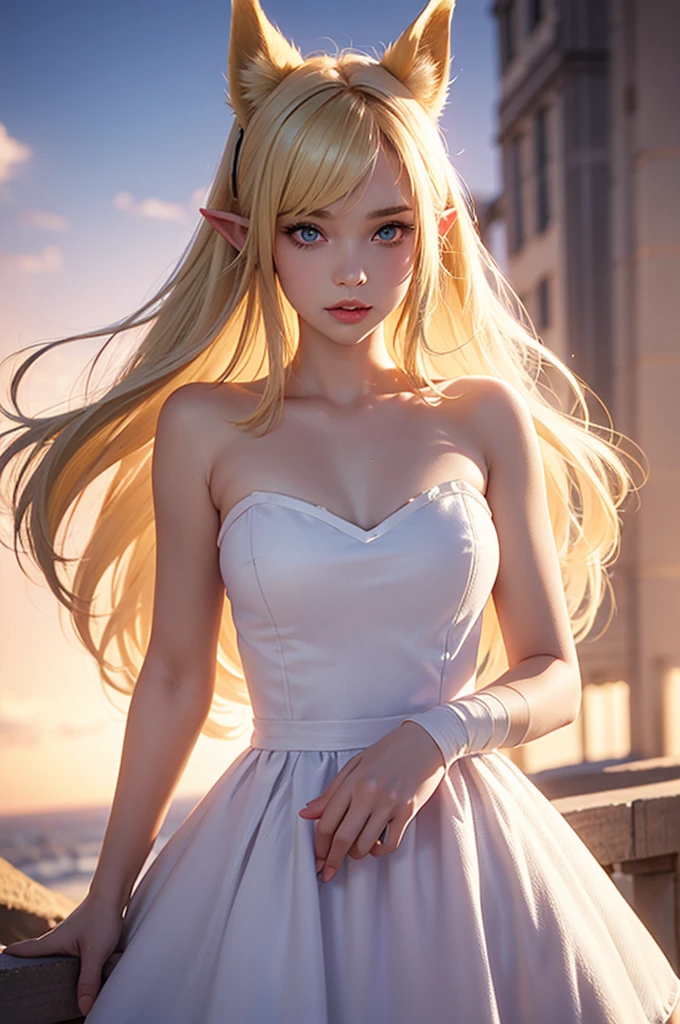 a picture of a young woman in a dress with a giant head, 1girl, solo, blonde hair, pointy ears, long hair, animal ears, looking at viewer, blue eyes, dress, bandages, bare shoulders, lips