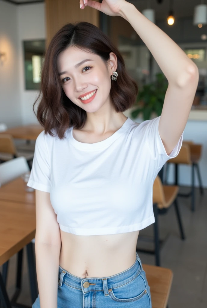 . The image is a digital graphic of a Thai woman. ,White skin and brown hair ,  Short Hair,Looking with a neutral face color . Smiling, seeing white teeth,, facial features including black eyes and a slight smile.. The background is a cafe, focusing attention on her face,, wearing a cropped T-shirt, round neck, short sleeves, white , Short Pencil Blue Denim Skirt, wearing white sneakers ,Random Pose ,Standing posture,