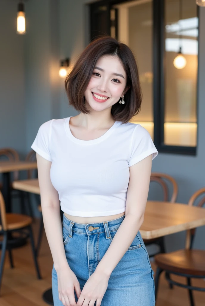 . The image is a digital graphic of a Thai woman. ,White skin and brown hair ,  Short Hair,Looking with a neutral face color . Smiling, seeing white teeth,, facial features including black eyes and a slight smile.. The background is a cafe, focusing attention on her face,, wearing a cropped T-shirt, round neck, short sleeves, white , Short Pencil Blue Denim Skirt, wearing white sneakers ,Random Pose ,Standing posture,