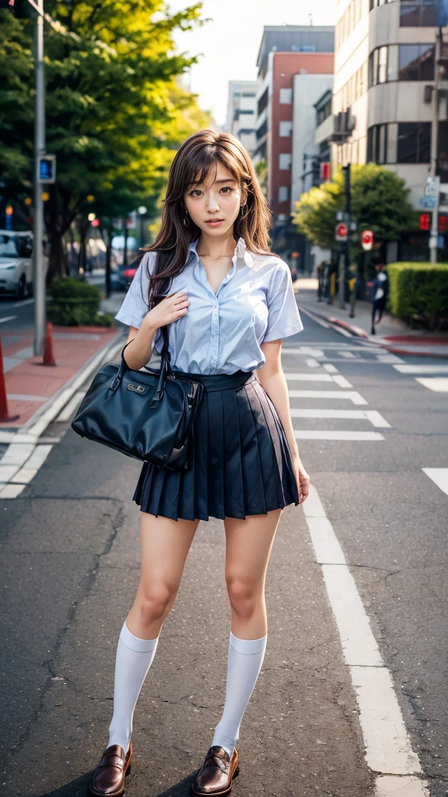 a beautiful 18 year old Japanese high school girl with perfect anatomy, healthy thighs, beautiful legs, beautiful skin, random hair color and style, large breasts, (wearing a Japanese schoolgirl uniform:1.3), (she is standing:1.2), penny loafers, holding a student bag, full body shot, standing on a city street, (best quality,4k,8k,highres,masterpiece:1.3),(extremely detailed:1.2), photorealistic, ultra-detailed, vivid colors, studio lighting, professional, Minami Tanaka