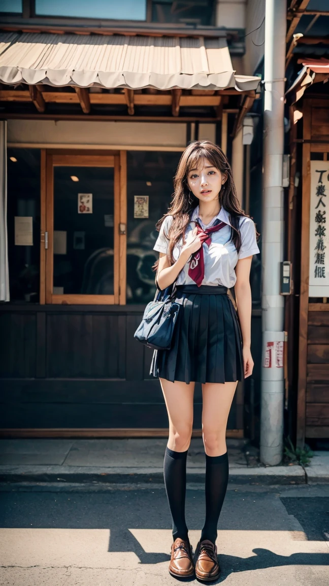 a beautiful 18 year old Japanese high school girl with perfect anatomy, healthy thighs, beautiful legs, beautiful skin, random hair color and style, large breasts, (wearing a Japanese schoolgirl uniform:1.3), (she is standing:1.2), penny loafers, holding a student bag, full body shot, standing on a city street, (best quality,4k,8k,highres,masterpiece:1.3),(extremely detailed:1.2), photorealistic, ultra-detailed, vivid colors, studio lighting, professional, Minami Tanaka