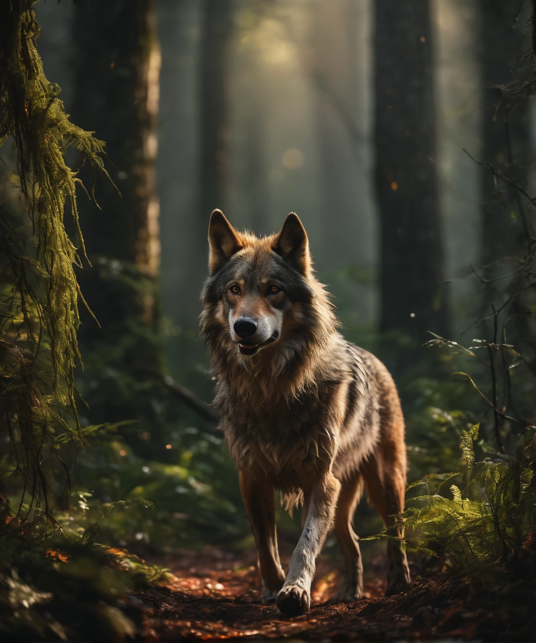 (Beautiful druid girl:1.3) walking with a wolf  (extremely detailed CG unity 8k wallpaper,masterpiece, best quality, ultra-detailed, beautiful detailed eyes:1.2),best illumination, (best shadow, an extremely delicate and beautiful, bloom), masterpiece, best quality:1.1, realistic:1.3, cinematic lighting:1.2, in the dark cavern:1.5, ultra photoreal, photorealistic:1.0, sharp focus:1.1, depth of field:1.1, 50mm, style of Nathan Wirth, Hasselblad X1D II, Porta 160 pointy ears, elf