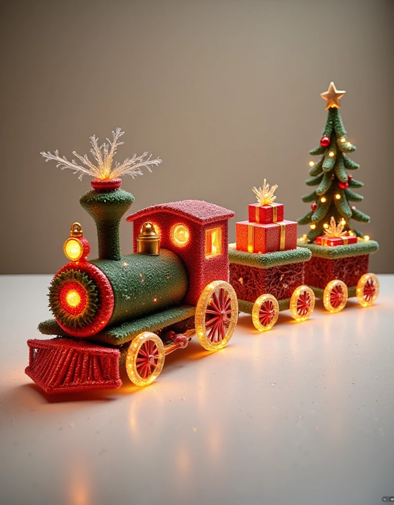 A festive train entirely constructed from Christmas tree branches, pine boughs, ornaments, and garlands. The train's engine features a wreath on the front, glowing holiday lights outlining its structure, and ornaments acting as wheels. The train cars are crafted from tightly woven pine branches, with garlands draped elegantly along the sides and small presents loaded inside. The train is displayed against a plain neutral background to emphasize the intricate festive details of its construction.