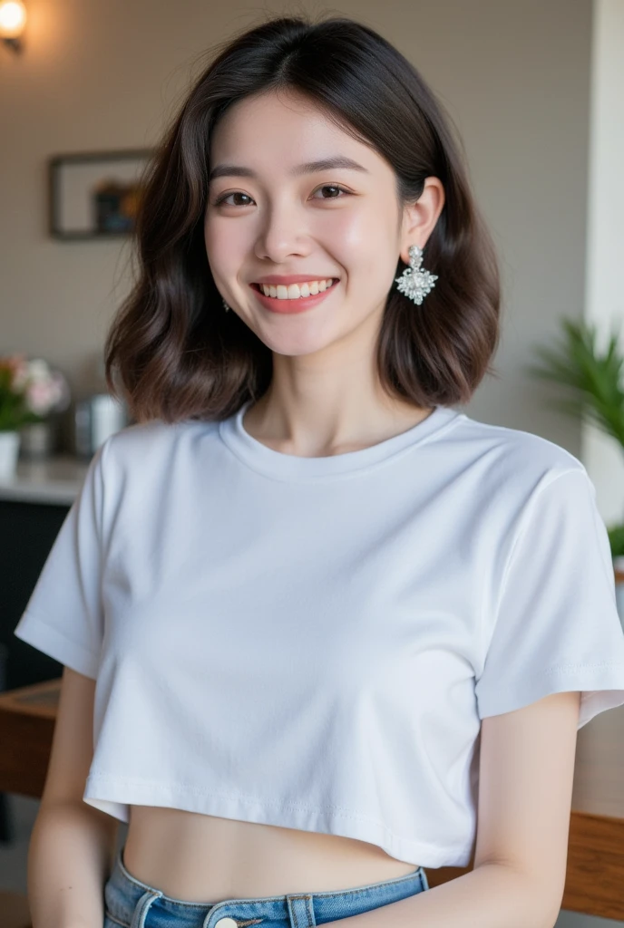 . The image is a digital graphic of a Thai woman. ,White skin and brown hair ,  Short Hair,Looking with a neutral face color . Smiling, seeing white teeth,, facial features including black eyes and a slight smile.. The background is a cafe, focusing attention on her face,, wearing a cropped T-shirt, round neck, short sleeves, white , Short Pencil Blue Denim Skirt, wearing white sneakers ,Random Pose ,Standing posture,