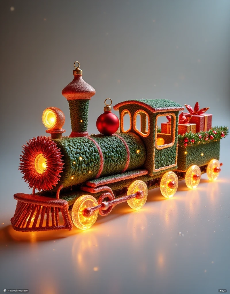 A festive train entirely constructed from Christmas tree branches, pine boughs, ornaments, and garlands. The train's engine features a wreath on the front, glowing holiday lights outlining its structure, and ornaments acting as wheels. The train cars are crafted from tightly woven pine branches, with garlands draped elegantly along the sides and small presents loaded inside. The train is displayed against a plain neutral background to emphasize the intricate festive details of its construction.