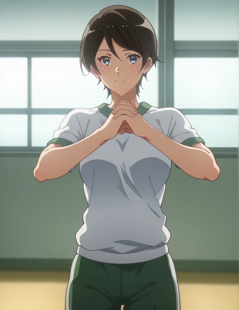 score_9, score_8_ up, score_7_ up, score_6_ up, score_5_ up,  Source_Anime, rating_safe, medium breasts,  One girl , Alone, indoor, Gym,  medium breasts, suzuki mirei ,  Shorthair,  hair between eyebrows,  blue eyes, Gym uniform,  white shirt, Green trousers,  short shorts,  white knee-high ,  sneakers, ( cowboy shot:1.5),  viewers, smile, ( exercise :1.5), A little thick,judo player、judo、Inside the judo Gymnasium、On the tatami、discovery、whole body、rest、幼い頃judo家に育てられた. 