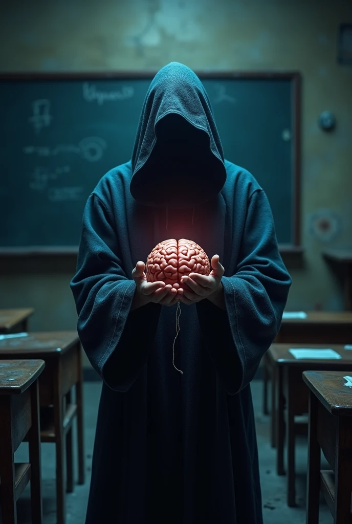 one  men, With a black hood covering his face, in his hand he has a book, opening the book, the book with black leather cover, on the page of the book there is a brain with a light bulb on top, as if having an idea