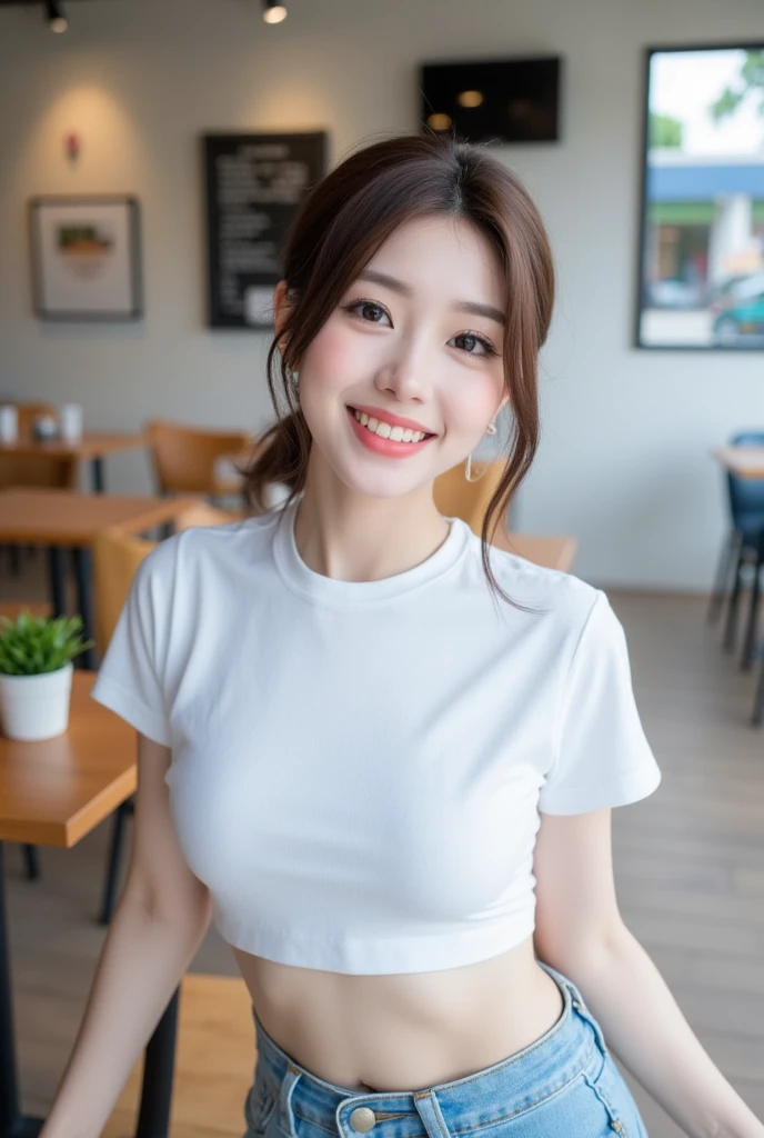 . The image is a digital graphic of a Thai woman. ,White skin and brown hair , Short hair patted and tied,Looking with a neutral face color . Smiling, seeing white teeth,, facial features including black eyes and a slight smile.. The background is a cafe, focusing attention on her face,, wearing a cropped T-shirt, round neck, short sleeves, white , Short Pencil Blue Denim Skirt, wearing white sneakers ,Random Pose ,Standing posture,