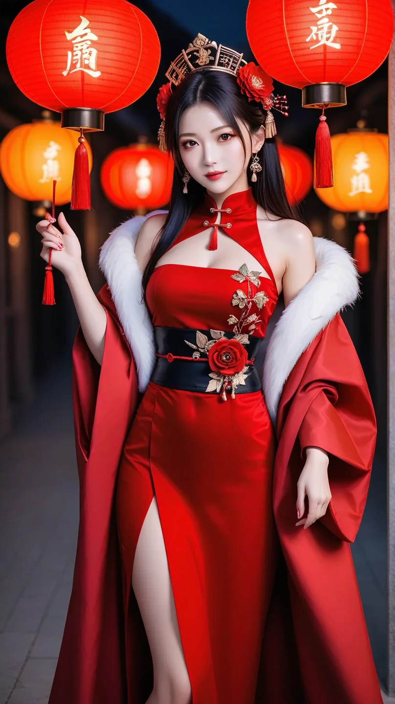(masterpiece:1.4), (best quality:1.4), ultra high res, ultra high resolution, ((detailed facial features)), HDR, (realistic, photorealistic, photo-realistic:1.37), full body, sexy Vietnamese model, (-anime), only 1 model, vivid colors, very short hair, (beautiful smile), lip-gloss, long lashes, defined eyebrows, wearing large sparkling colorful jewelery, wearing a red silk Paradise Kiss cosplay dress with black floral embroidery, ((long fur vivid colors outfit)), vivid colors, look at the camera, cinematic light, large park background with trees, sweet and sexy pose