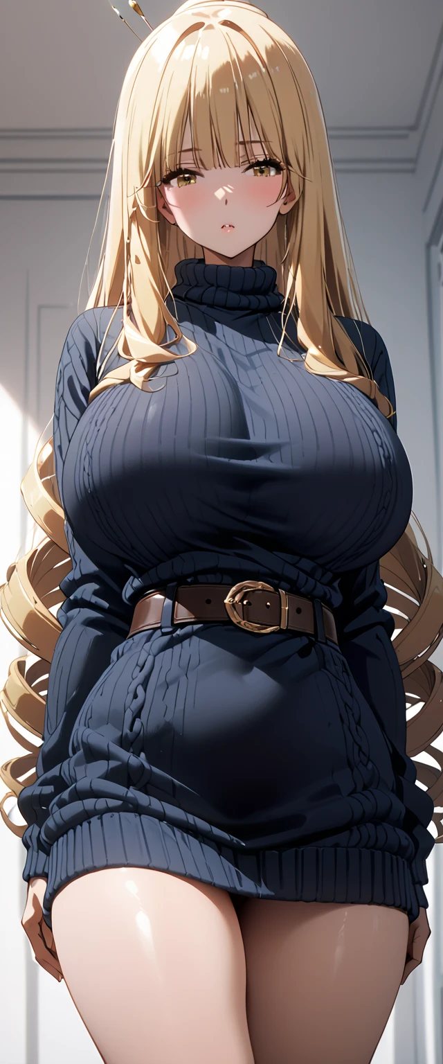 ( top quality 、 Masterpiece、 detailed、4K)、 one woman、18 years old、(((Rose Orianna)))、Blonde、Long drill hair、 Super Big Breasts 、( long sweater )、belt、 standing、(front)、( beautiful thighs)、