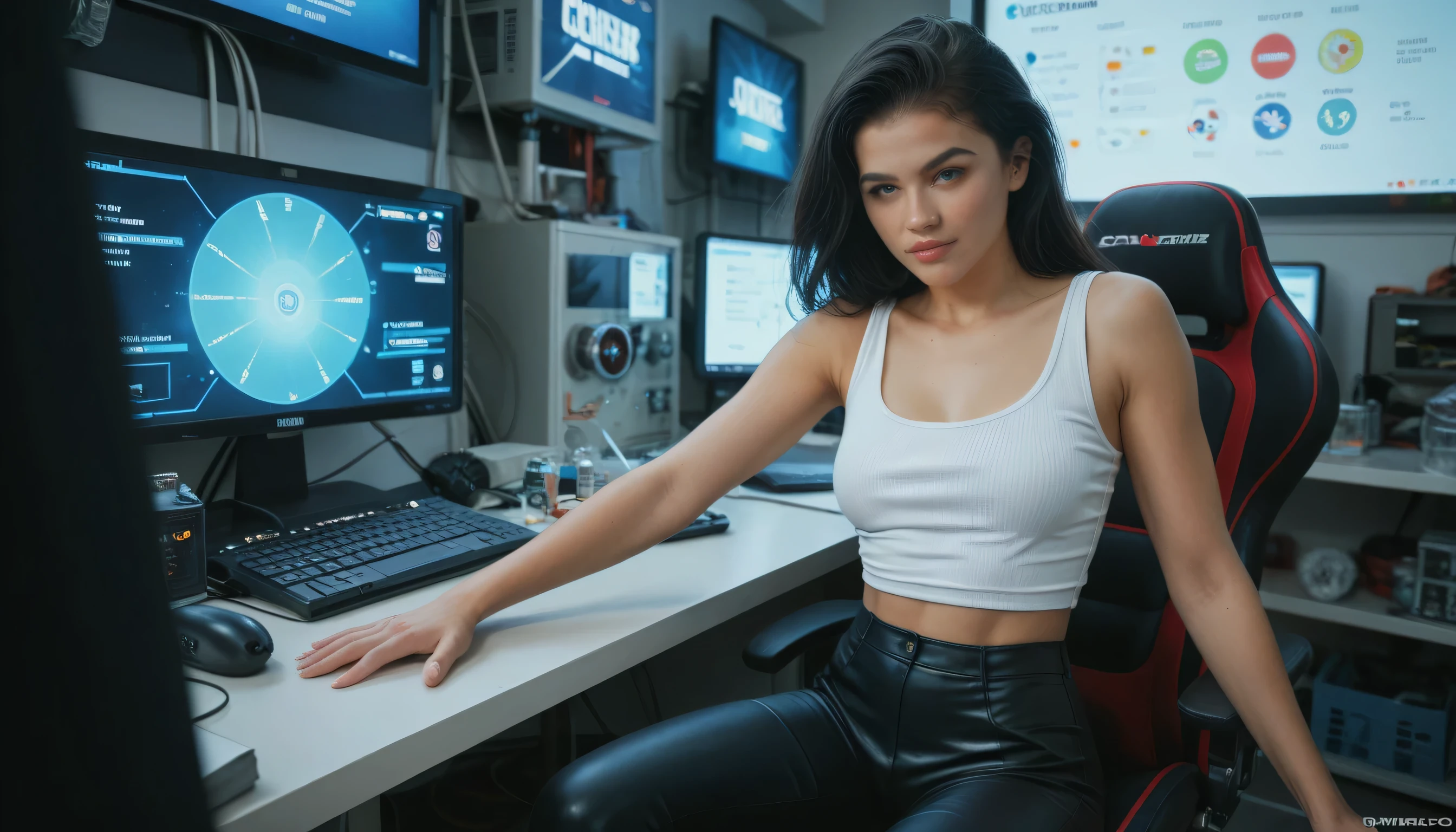 a light-skinned black woman , She has long black hair, in her secret tech lab, working on a futuristic gadget, wearing a fitted white tank top and black leather pants. The room is filled with glowing monitors, blueprints, and gadgets scattered around. A faint blue light illuminates her determined expression.