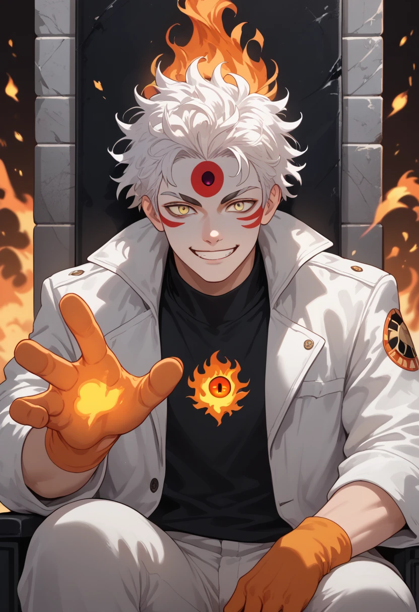 man, fire hair, white skin, red face paint, anime style, fire powers, yellow eyes, white hair, cat-like third eye on forehead, orange hands, smile, messy hair, light white jacket, black top underneath, sitting on a throne, hands covered in fire