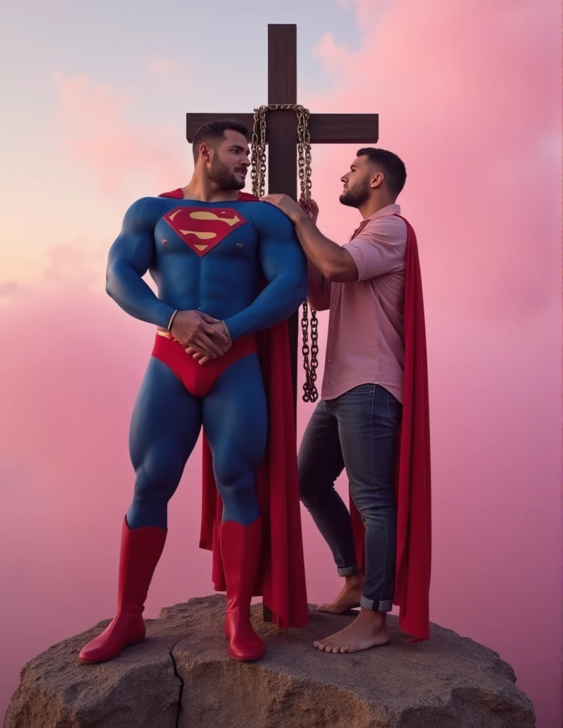 Superman was put on cross with his limbs bound by chains. background is sky filled with pink love Dense fog.Superman,a 30-year-old Nick Bosa face, attractive, class blue Superman suit with muscle, (black undercut, blue tights and red cape and red boots and red briefs：0.8),16k,UHD, dslr, insane details, award-winning photo,HD.

an attractive, bald, white man stand by Superman. Superman kiss an attractive, bald, white man.
an attractive, bald, white man wearing an unbuttoned pink denim shirt