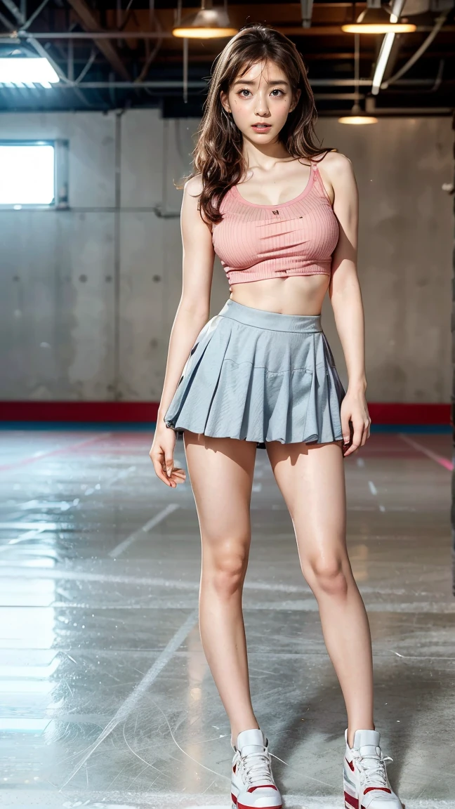 (8k, best quality:1.3), (extremely detailed:1.2), perfect anatomy, beautiful Japanese woman, 18 years old, healthy thighs, beautiful legs, beautiful skin, random hair color, random hairstyle, large breasts, (she is standing:1.2), female figure skater, figure skating outfit, (miniskirt:1.3), full body shot, skate shoes, skating rink, Minami Tanaka