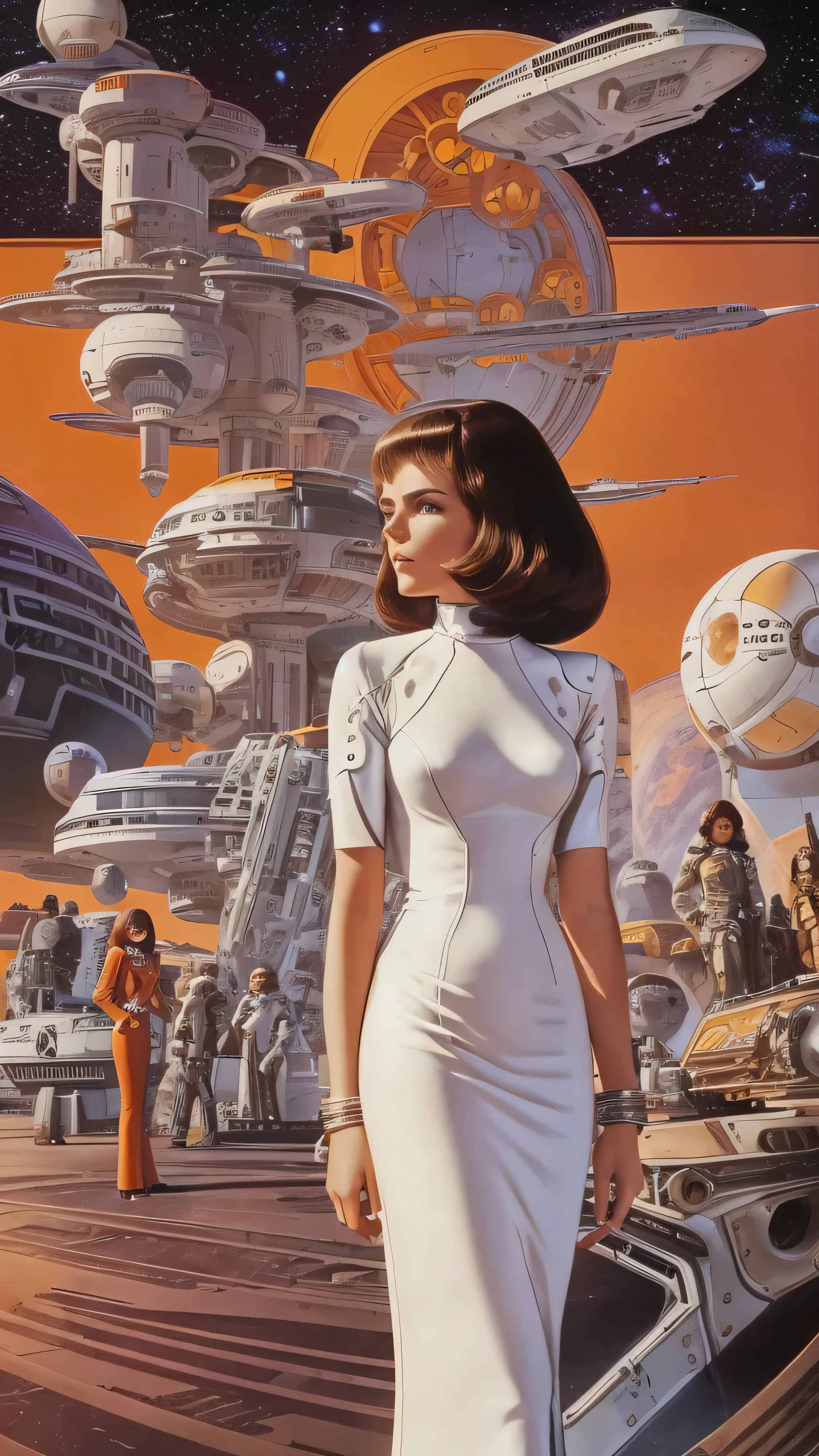 A woman in a white dress々Arafed image standing in front of, 70s Sci-Fi Art, Attractive brown-haired woman,  Movie Still Frames ,   Hyper Maximalist  , Promotional Rendering, By Menez, Cosmic Bjork,  steampunk from the side, Velma, Mars Attacks, Around 1970, cp2077  