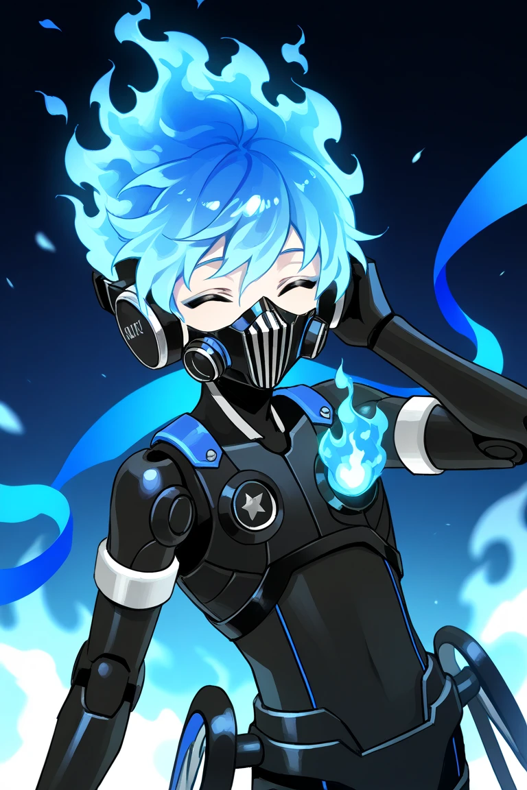 One,  male focus,  1 boy , orthoshroud, respirator,  looks at the viewer , fiery hair, blue fire,  headphones, respirator, mechanical parts,   robot joints, Smile with eyes closed