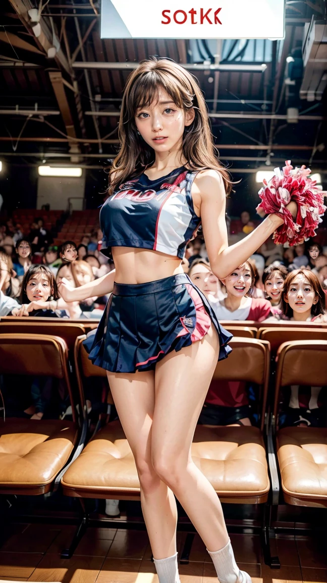 A beautiful young Japanese woman, 20 years old, with perfect anatomy, healthy thighs, beautiful feet, flawless skin, random hair color and style, large bust, (she is standing:1.2), wearing a cheerleader uniform with micro-pleated miniskirt, in a full body shot, standing in a stadium, (best quality,4k,8k, highres, masterpiece:1.3), (extremely detailed:1.2), Minami Tanaka