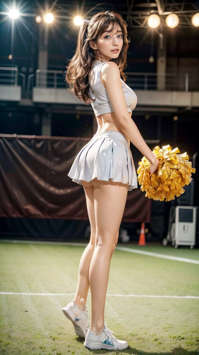 A beautiful young Japanese woman, 20 years old, with perfect anatomy, healthy thighs, beautiful feet, flawless skin, random hair color and style, large bust, (she is standing:1.2), wearing a cheerleader uniform with micro-pleated miniskirt, in a full body shot, standing in a stadium, (best quality,4k,8k, highres, masterpiece:1.3), (extremely detailed:1.2), Minami Tanaka