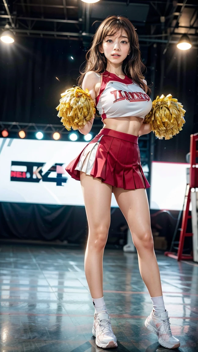 A beautiful young Japanese woman, 20 years old, with perfect anatomy, healthy thighs, beautiful feet, flawless skin, random hair color and style, large bust, (she is standing:1.2), wearing a cheerleader uniform with micro-pleated miniskirt, in a full body shot, standing in a stadium, (best quality,4k,8k, highres, masterpiece:1.3), (extremely detailed:1.2), Minami Tanaka