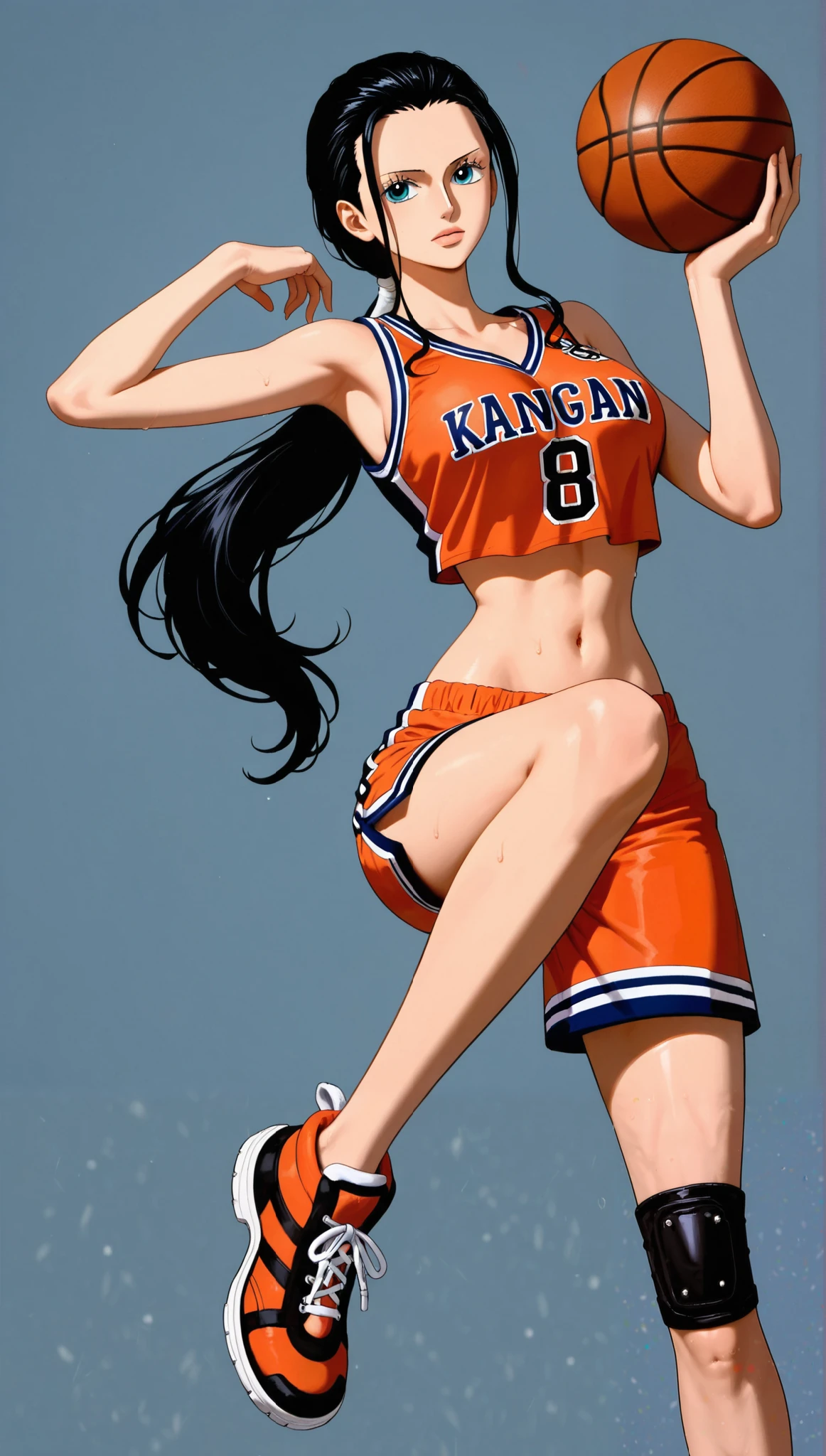 score_9, score_8_up, score_7_up, intricate details,
1girl, Nico Robin, one piece, black hair, long hair, hair slicked back, low ponytail, blue eyes, basketball uniform, crop top