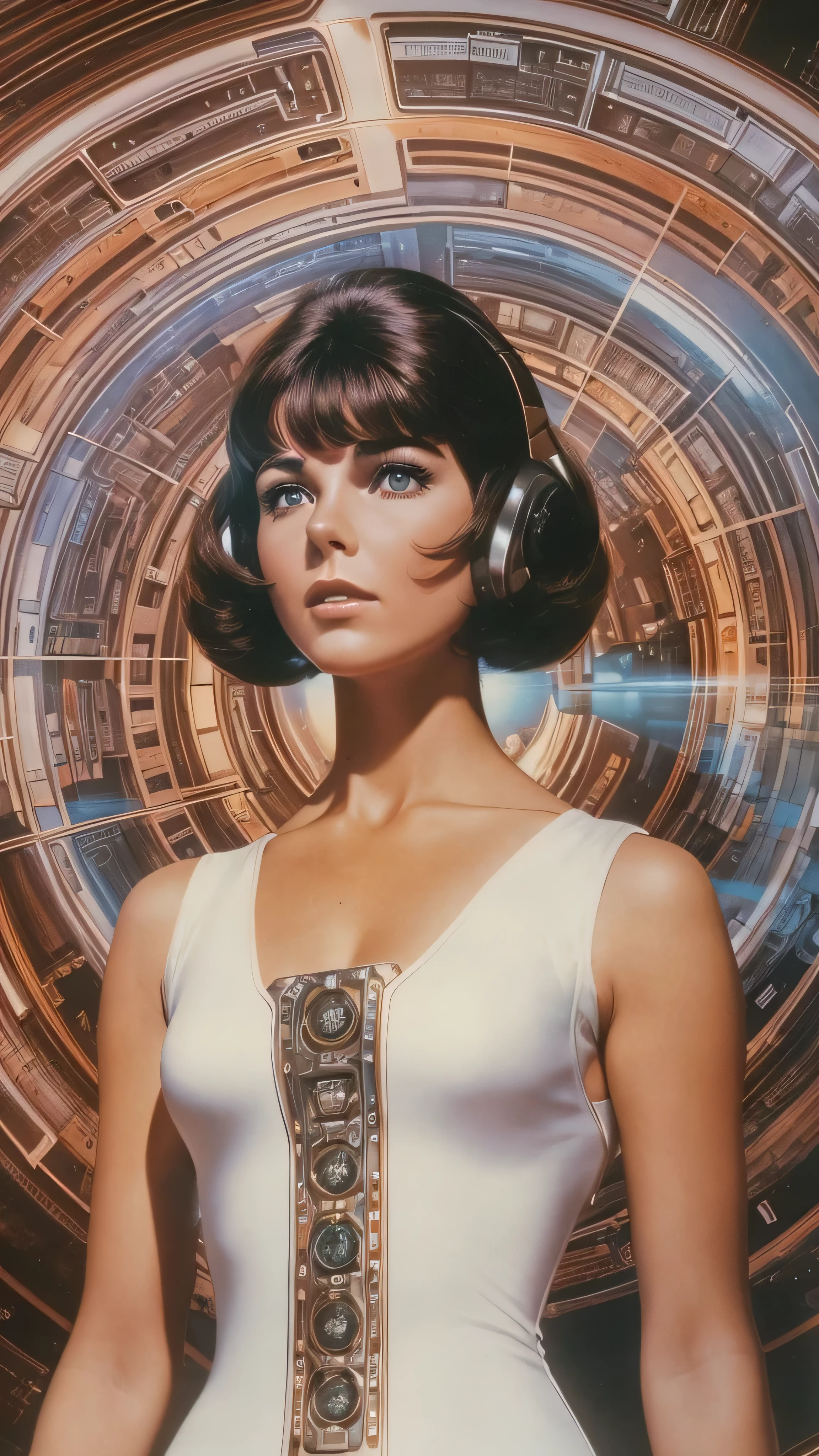 A woman in a white dress々Arafed image standing in front of, 70s Sci-Fi Art, Attractive brown-haired woman,  Movie Still Frames ,   Hyper Maximalist  , Promotional Rendering, By Menez, Cosmic Bjork,  steampunk from the side, Velma, Mars Attacks, Around 1970, cp2077  