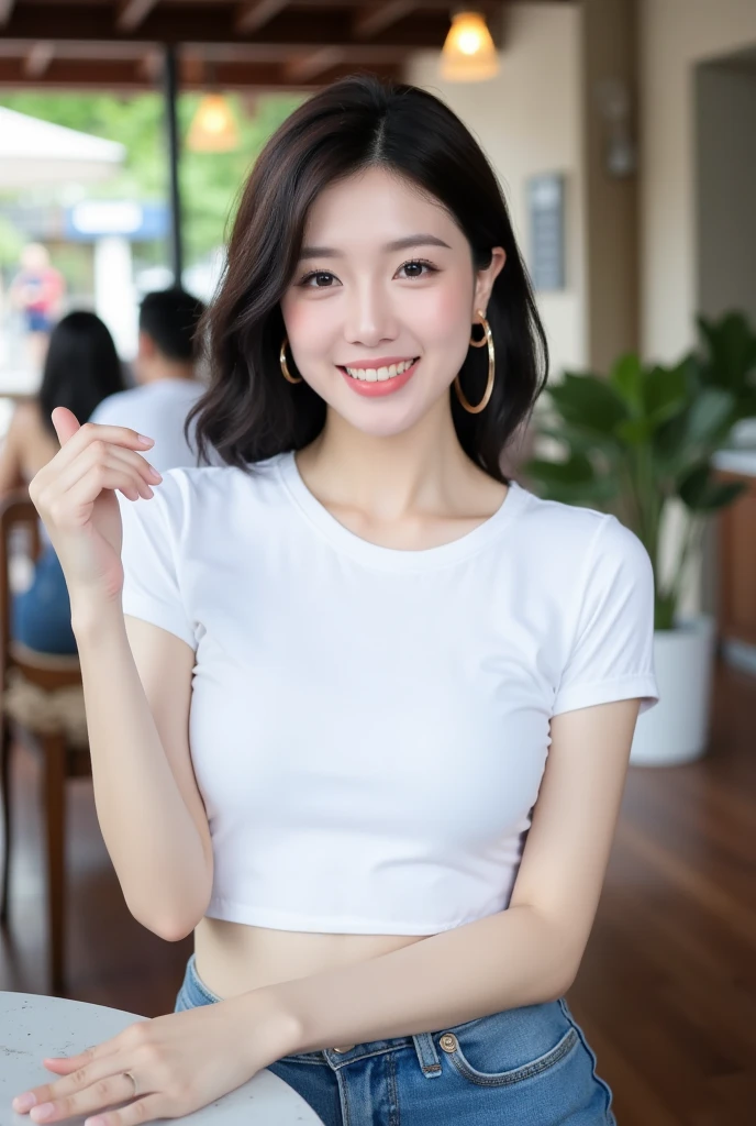 . The image is a digital graphic of a Thai woman. ,White skin and brown hair ,  with short hair and hair tie,Looking with a neutral face color . Smiling, seeing white teeth,, facial features including black eyes and a slight smile.. The background is a cafe, focusing attention on her face,, wearing a cropped T-shirt, round neck, short sleeves, white , Short Pencil Blue Denim Skirt, wearing white sneakers ,Random Pose ,Standing posture,Circular hoop earrings