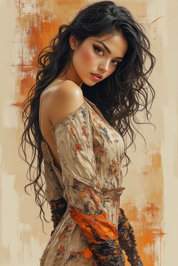 A striking fashion illustration of a woman with a captivating, thoughtful expression, gazing over her shoulder in deep contemplation. The artwork masterfully blends realistic facial features with abstract elements, creating a unique and intriguing piece. The earthy color palette of beige, brown, and muted orange sets a mood for introspection, while her loose, dark hair contrasts with the splashes of paint and textured patterns surrounding her. Delicate white and orange brushstrokes accentuate her figure, seamlessly merging with the textured background. The overall composition exudes elegance and introspection, transporting the viewer into a dreamlike world of fashion and artistry., poster, fashion, dark fantasy, graffiti