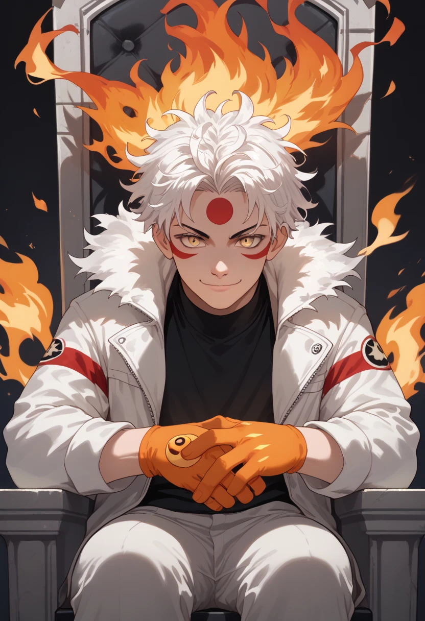 man, fire hair, white skin, red face paint, anime style, fire powers, yellow eyes, white hair, cat-like third eye on forehead, orange hands, closed-mouth smile, messy hair, light white jacket, black top underneath, sitting on a throne, hands covered in fire