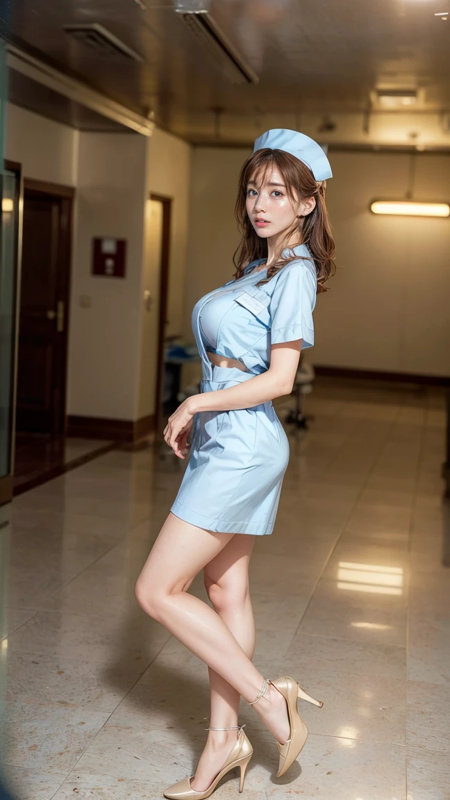 a beautiful young 24-year-old Japanese woman, beautiful, detailed anatomy, beautiful skin, random hair color and hairstyle, big breasts, nurse hat, (nurse uniform:1.3), nurse cap, (she is standing:1.2), full body shot, high heels, hospital, (best quality,8k, masterpiece:1.3), (extremely detailed:1.2), Minami Tanaka