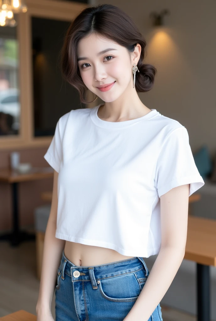 . The image is a digital graphic of a Thai woman. ,White skin and brown hair , Short hair patted and tied,Looking with a neutral face color . Smiling, seeing white teeth,, facial features including black eyes and a slight smile.. The background is a cafe, focusing attention on her face,, wearing a cropped T-shirt, round neck, short sleeves, white , Short Pencil Blue Denim Skirt, wearing white sneakers ,Random Pose ,Standing posture,Circular hoop earrings