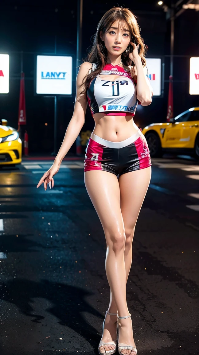 A beautiful Japanese woman, 20 years old, perfect anatomy, healthy thighs, beautiful legs, beautiful skin, random hair color, random hairstyle, large breasts, race queen, (race queen costume:1.3), zent, (she is standing:1.2), full body shot, high heels, racing circuit, (best quality,4k,8k, highres, masterpiece:1.3), (extremely detailed:1.2),photorealistic, cinematic lighting,HDR,professional photography, vivid colors, Minami Tanaka