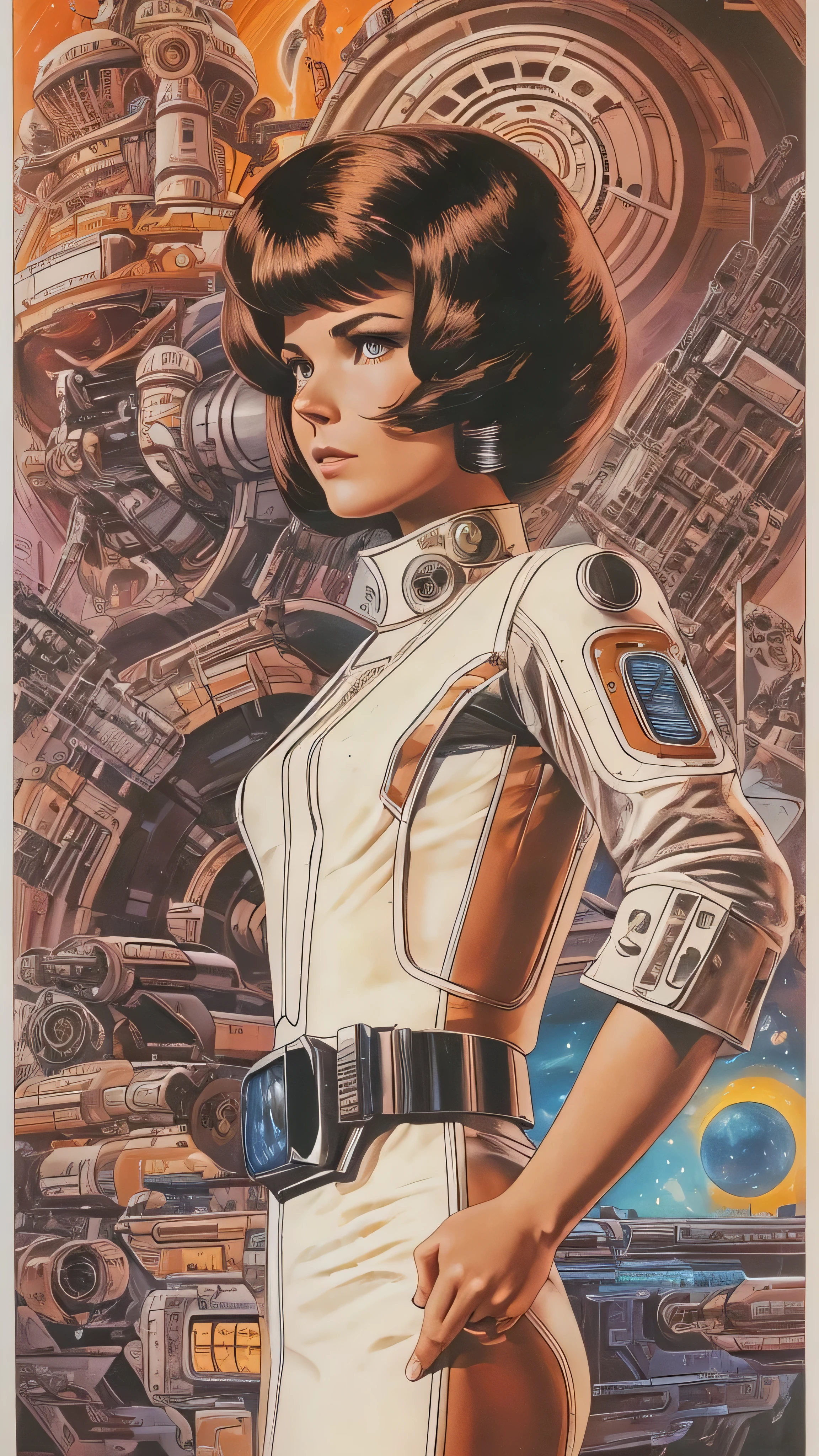 A woman in a white dress々Arafed image standing in front of, 70s Sci-Fi Art, Attractive brown-haired woman,  Movie Still Frames ,   Hyper Maximalist  , Promotional Rendering, By Menez, Cosmic Bjork,  steampunk from the side, Velma, Mars Attacks, Around 1970, cp2077  