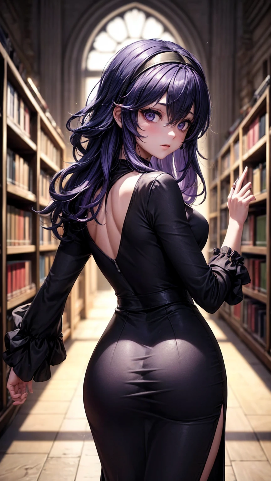 great masterpiece, (Unreal Engine), reality:1.5, Ultra-fine, Rich Contrast, High Quality, 8k, Hi-Res Texture, Amazing Absolute Resolution, Advanced Settings, colorful, Clear Images, DIGITAL BLENDING, (Hasselblad Photography, Distorted angle of view), 

beautiful woman, hex maniac,  headband,  messy hair,  purple eyes, Purple Hair, purple  headband, @ @,
black  dress,  dress, long  dress,  Long Sleeve ,  Juliet sleeve,correct,

indoor, library,  bend your back,
viewers, cowboy shot, Dutch angle to the side,