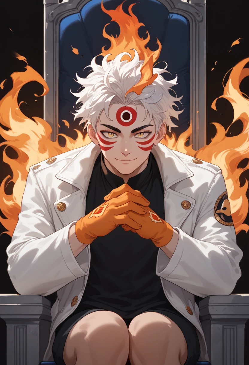 man, fire hair, white skin, red face paint, anime style, fire powers, yellow eyes, white hair, cat-like third eye on forehead, orange hands, closed-mouth smile, messy hair, light white jacket, black top underneath, sitting on a throne, hands covered in fire