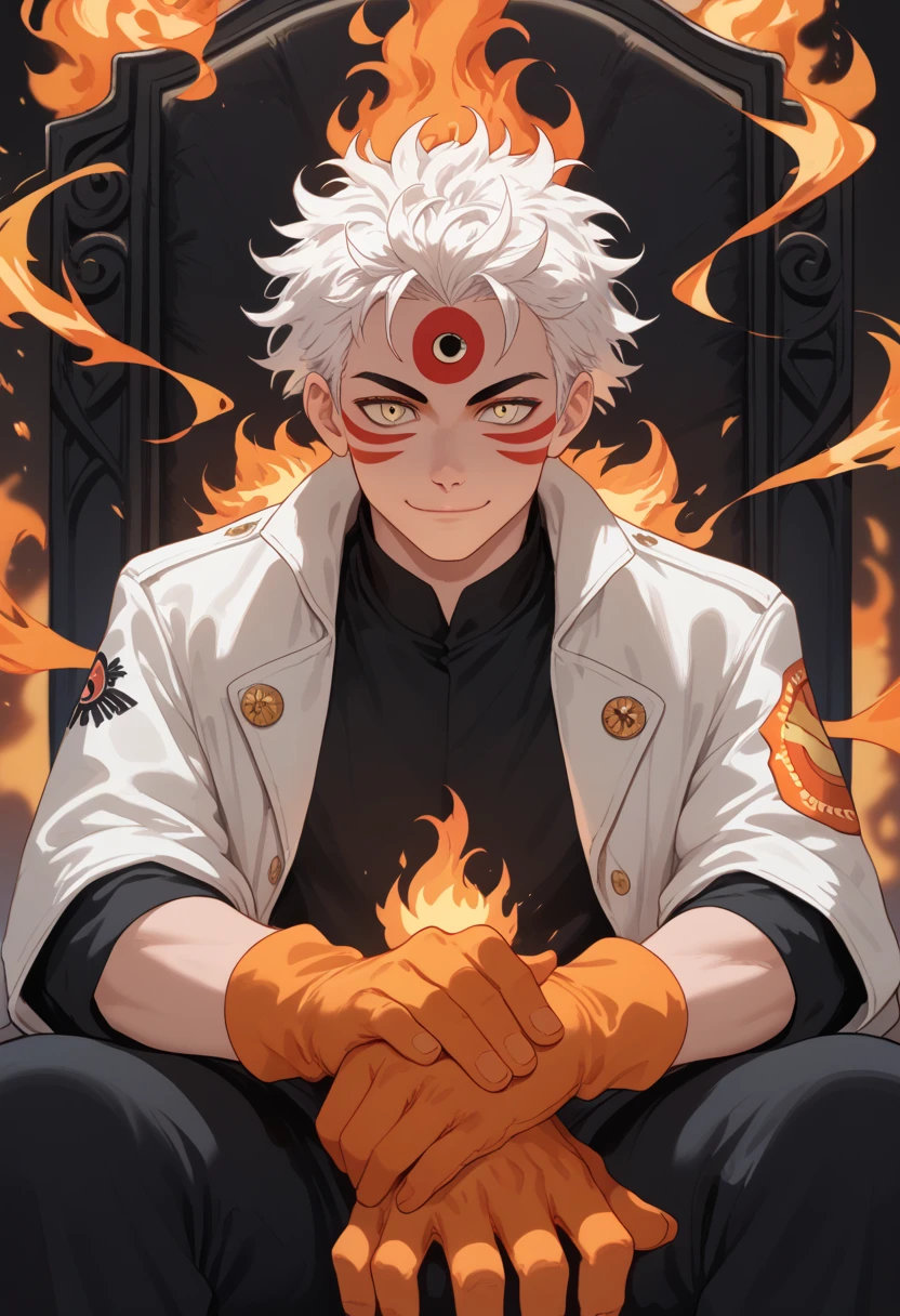 man, fire hair, white skin, red face paint, anime style, fire powers, yellow eyes, white hair, cat-like third eye on forehead, orange hands, closed-mouth smile, messy hair, light white jacket, black top underneath, sitting on a throne, hands covered in fire