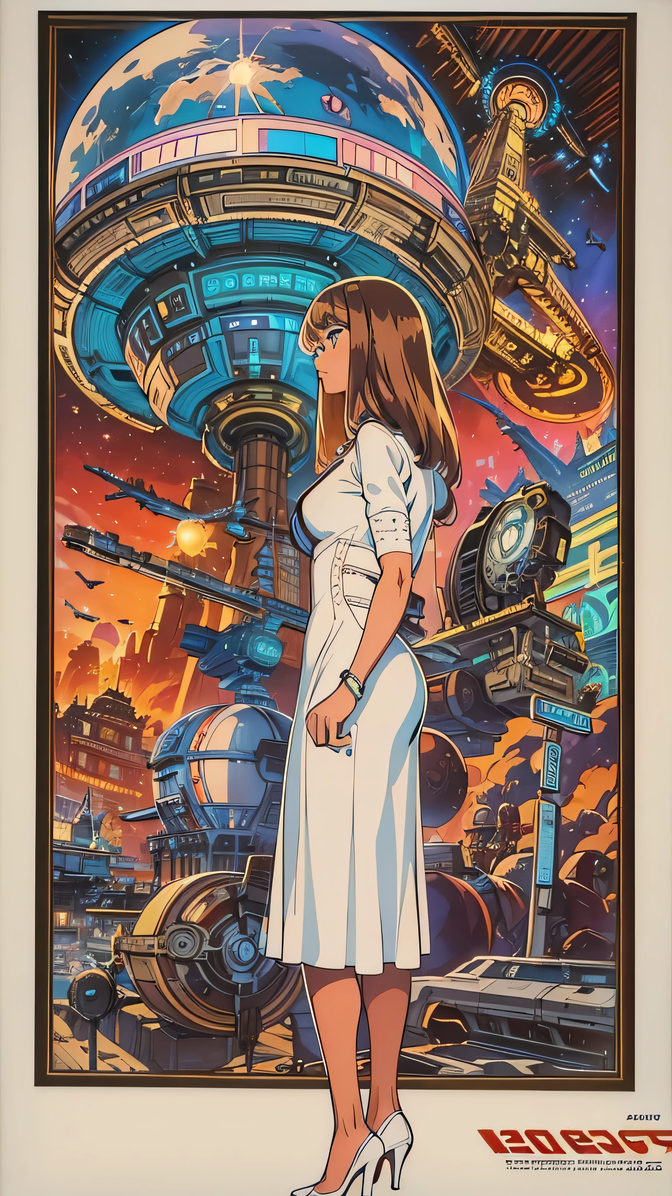 A woman in a white dress々Arafed image standing in front of, 70s Sci-Fi Art, Attractive brown-haired woman, Movie Still Frames , Hyper Maximalist , Promotional Rendering, By Menez, Cosmic Bjork, steampunk from the side, Velma, Mars Attacks, Around 1970, cp2077