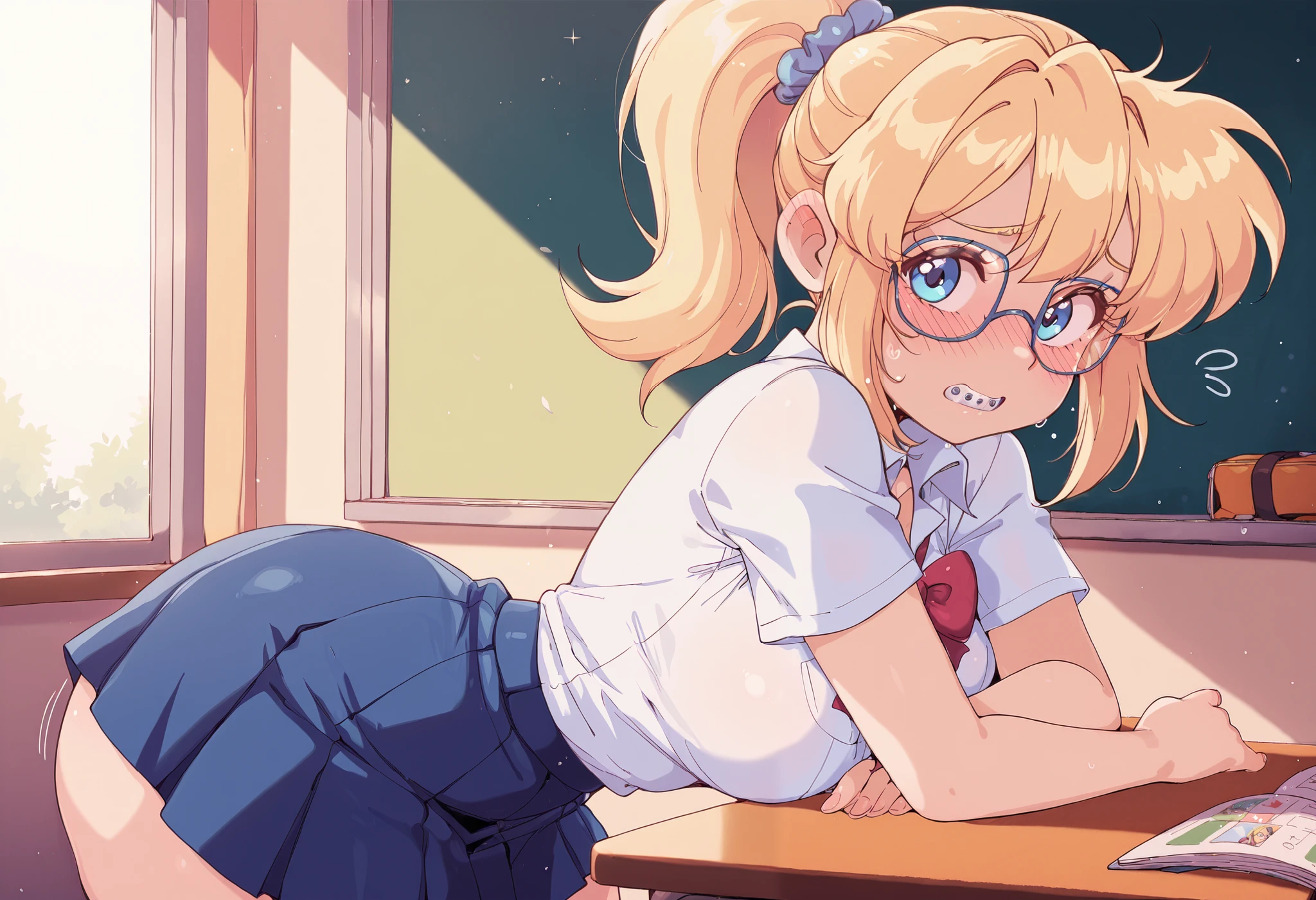 score_9, score_8_up, score_7_up, score_6_up, Bl3th3bn3_Styl3_SKNSFW, masterpiece, best quality, 1girl, blue eyes, blonde, ponytail, nerd, braces, glases, shy, school uniform
shirt
skirt, classroom