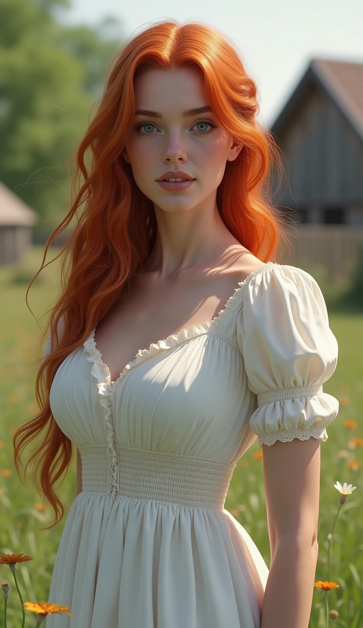 Beautiful, cute, 23 year old European woman, arafed, young amouranth, red hair, long hair, curly hair, flower in hair, perfect face, freckle spotted face, sharp features, thousands of freckles, smiling, laughing, happy, blue eyes, perfect eyes, symmetrical eyes, cleavage, perfect breasts, skinny, long elegant intricate white dress long sleeves, brown belt, orchard, spring, old fencing, (high quality), (detailed), (8k ultra hd), 1 person