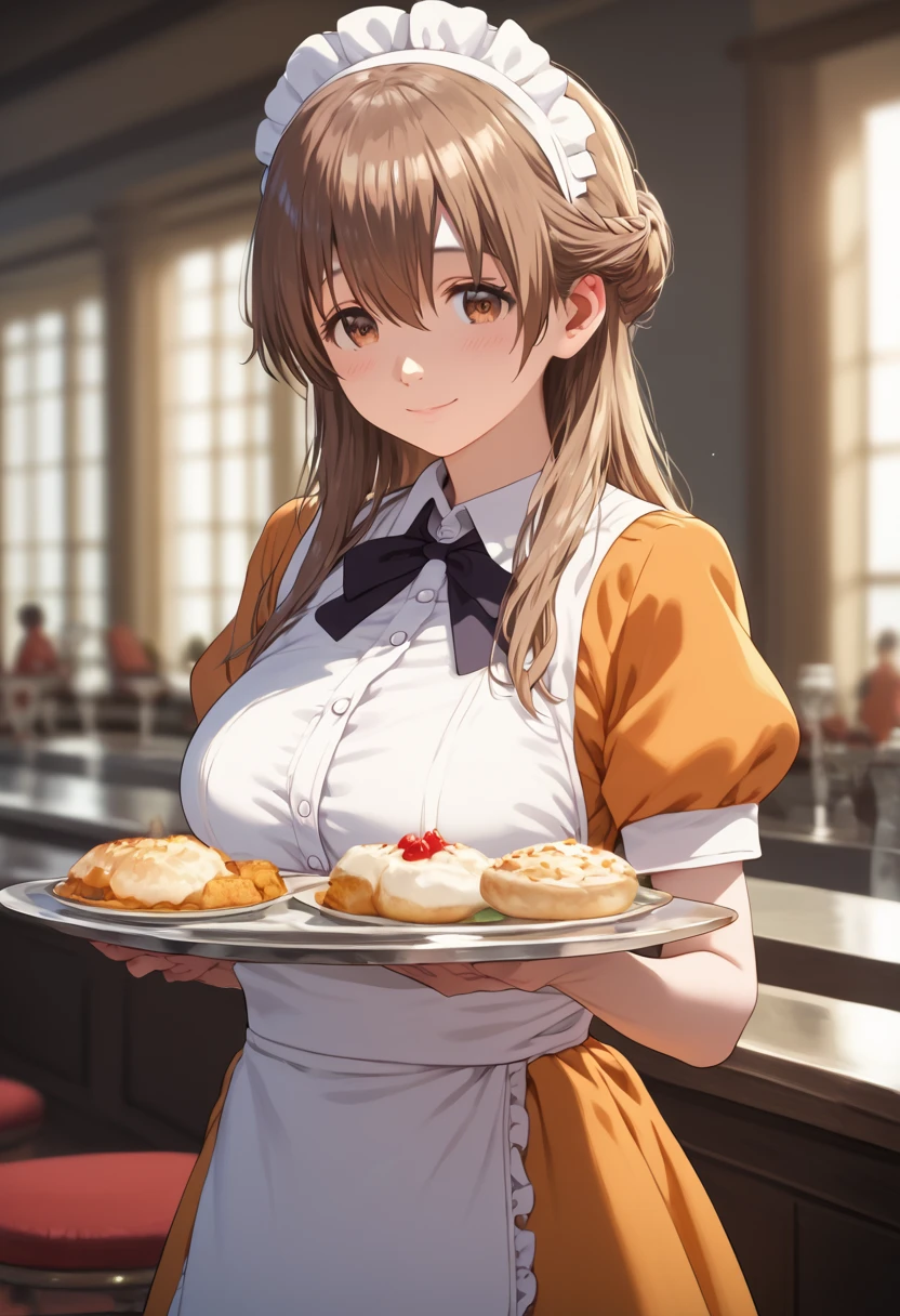 score_9,score_8_ up,score_7_ up,masterpiece, top quality ,  Source Anime , photographrealistic,  HYPERREALISTIC , 8k,photograph,born,s uper detailed,  extremely detailed, rating_ Explicit , 
1人の girl,  waitress ,  standing, 
 girl, Nishinomiya Shoko , 18 years old,  long hair,  hair between eyes,  brown eyes, ( Big Breasts :0.9),
 shiny hair,  beautiful detailed eyes,  beautiful faces,
BREAK frilled  waitress  uniform, Orange uniform,  headdress,
 Embarrassing , , smile, Modern cafe