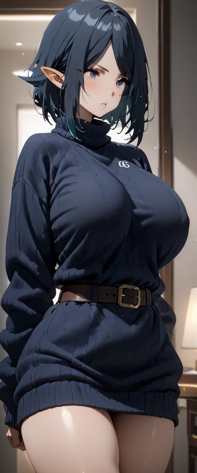 ( top quality 、 Masterpiece、 detailed、4K)、 one woman、、(((Number 664)))、((Dark blue hair))、 Shorthair、Elf Ears、 Super Big Breasts 、( long sweater )、belt、 standing、(front)、( beautiful thighs)、